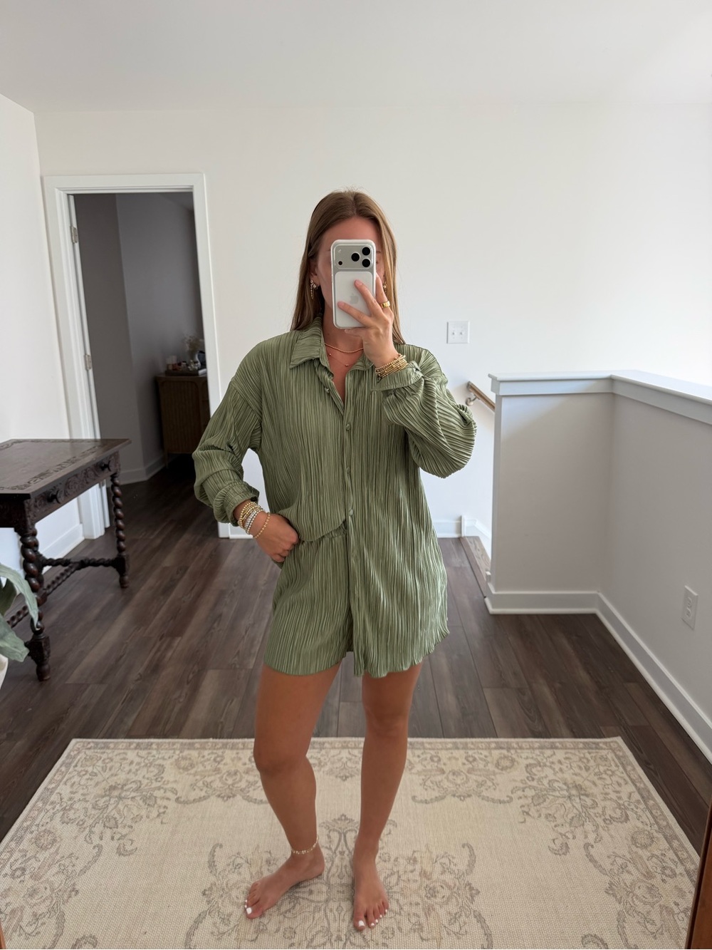 Amazon Women's Olive Green Pleated Pajama Set